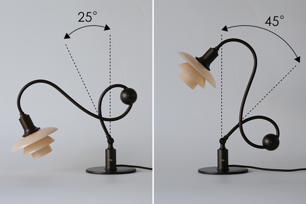 ルイスポールセン PH 1/1 Piano Table Lampのアーム可動域(前に25度・後ろに45度の角度調整)